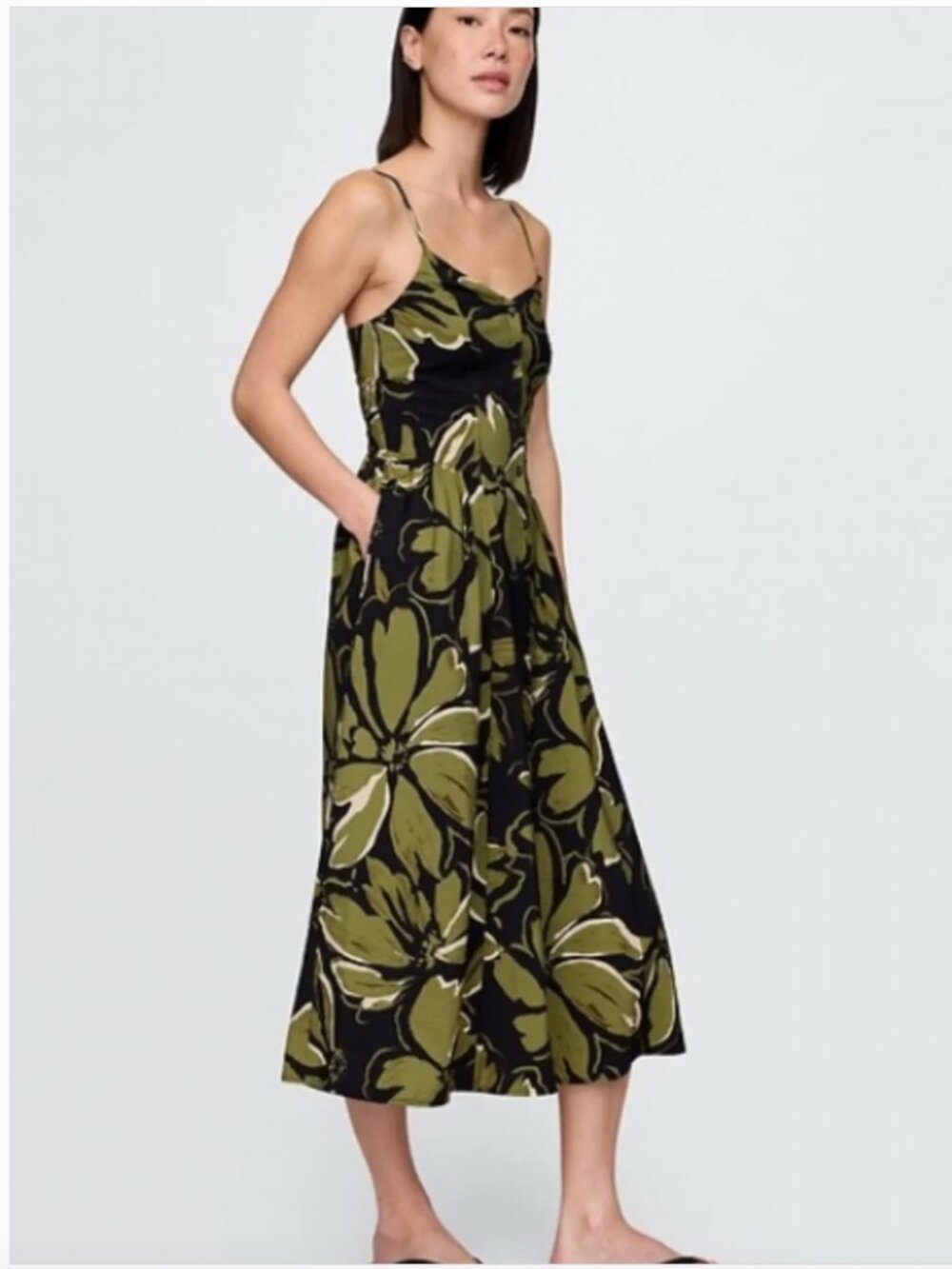 GAP Olive & Black Floral Slip Midi Dress - Med